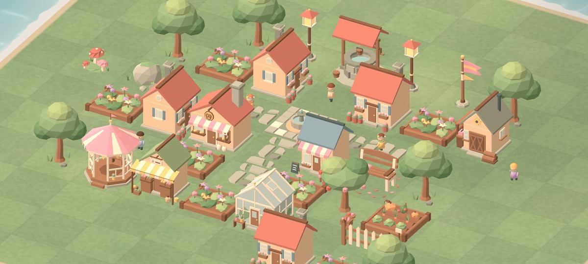 Screenshot aus Meadowmere: ein kleines Dorf auf einer Insel