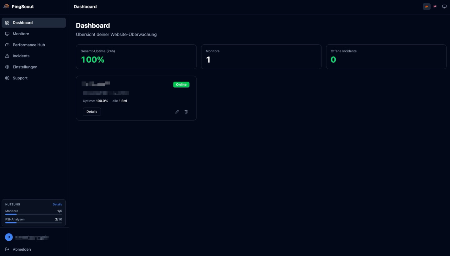PingScout Dashboard mit Uptime-Übersicht